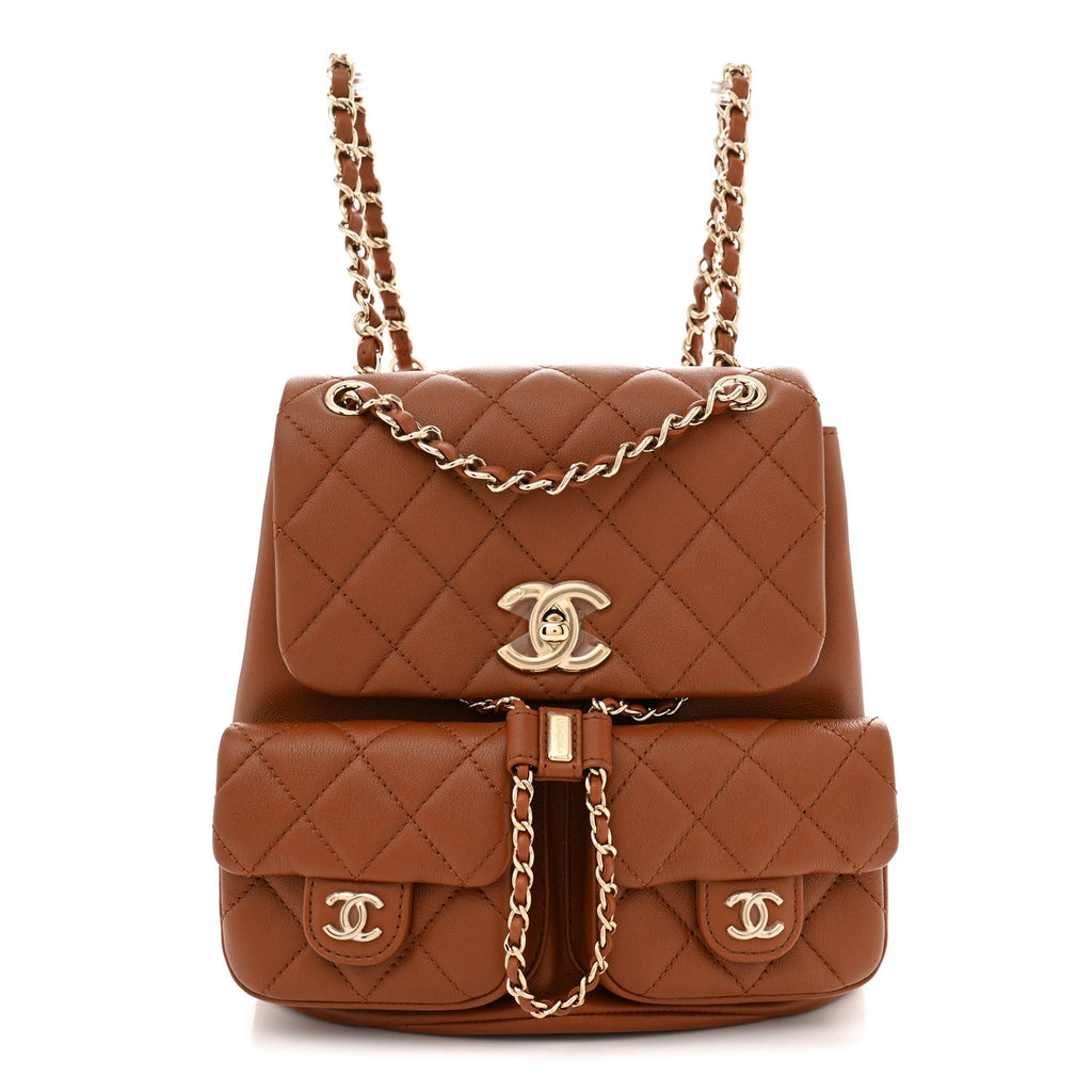 Calfskin Quilted Medium Duma Pockets Drawstring Backpack Light Brown