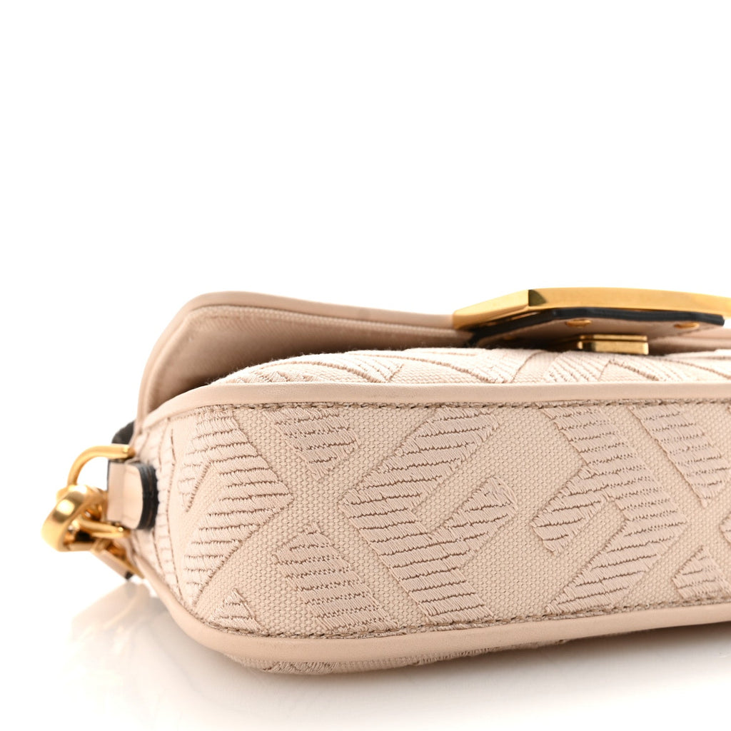 Canvas Vitello King Bi-Color Strap FF Embroidered Mini Baguette Poudre
