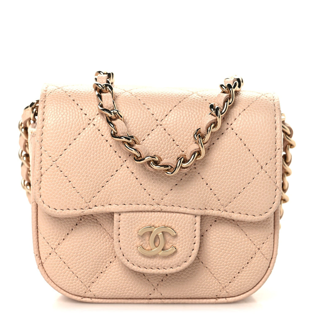 Caviar Quilted Mini Clutch With Chain Light Beige