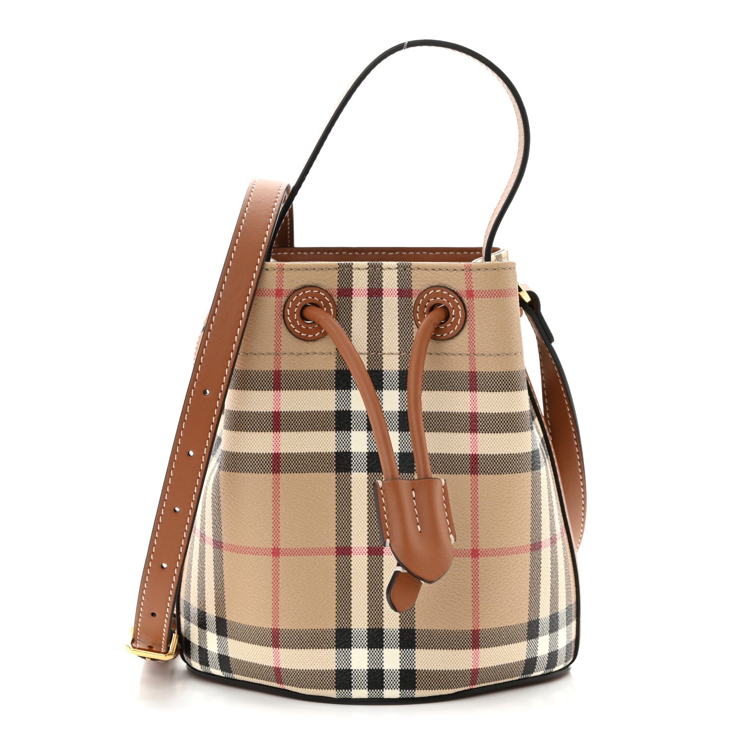 E-Canvas Vintage Check Mini Drawstring Bucket Bag Briar Brown