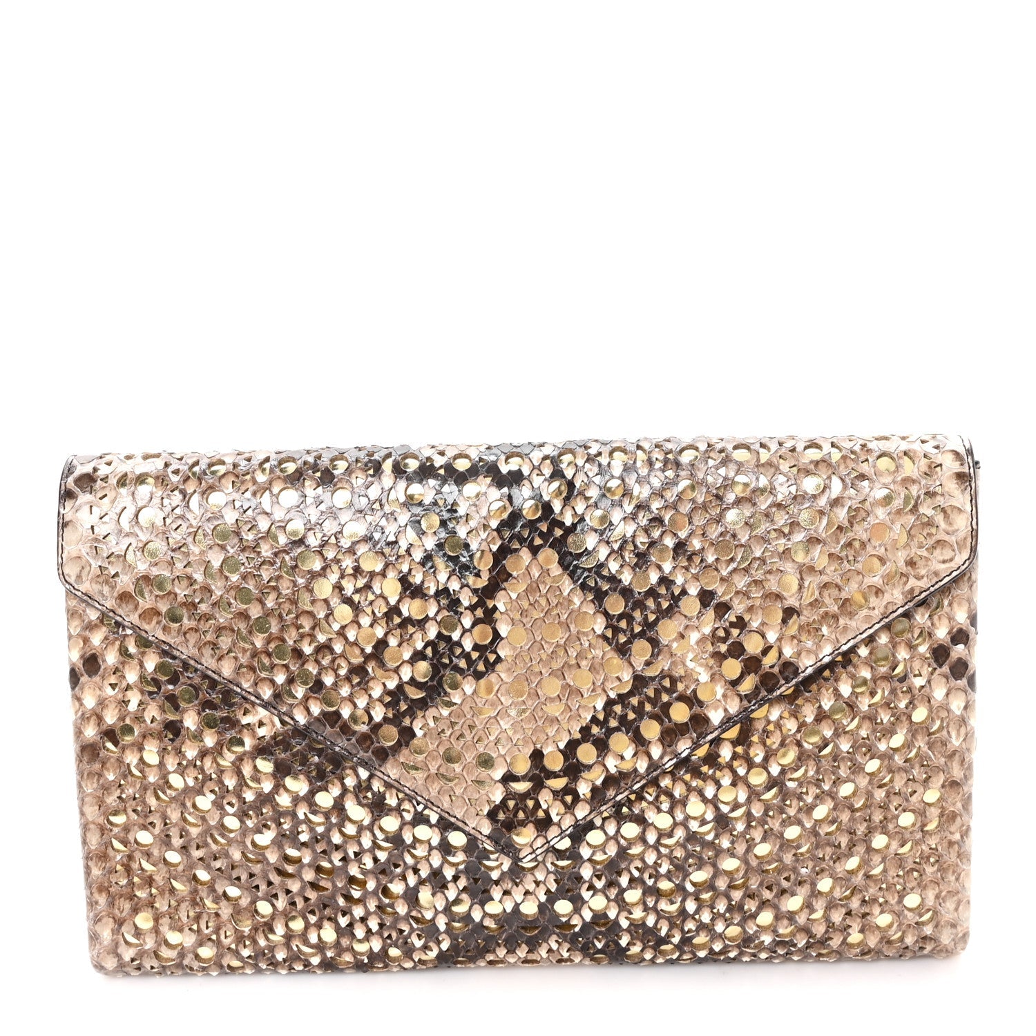 Snakeskin Laser Cut Envelope Clutch Beige Gold