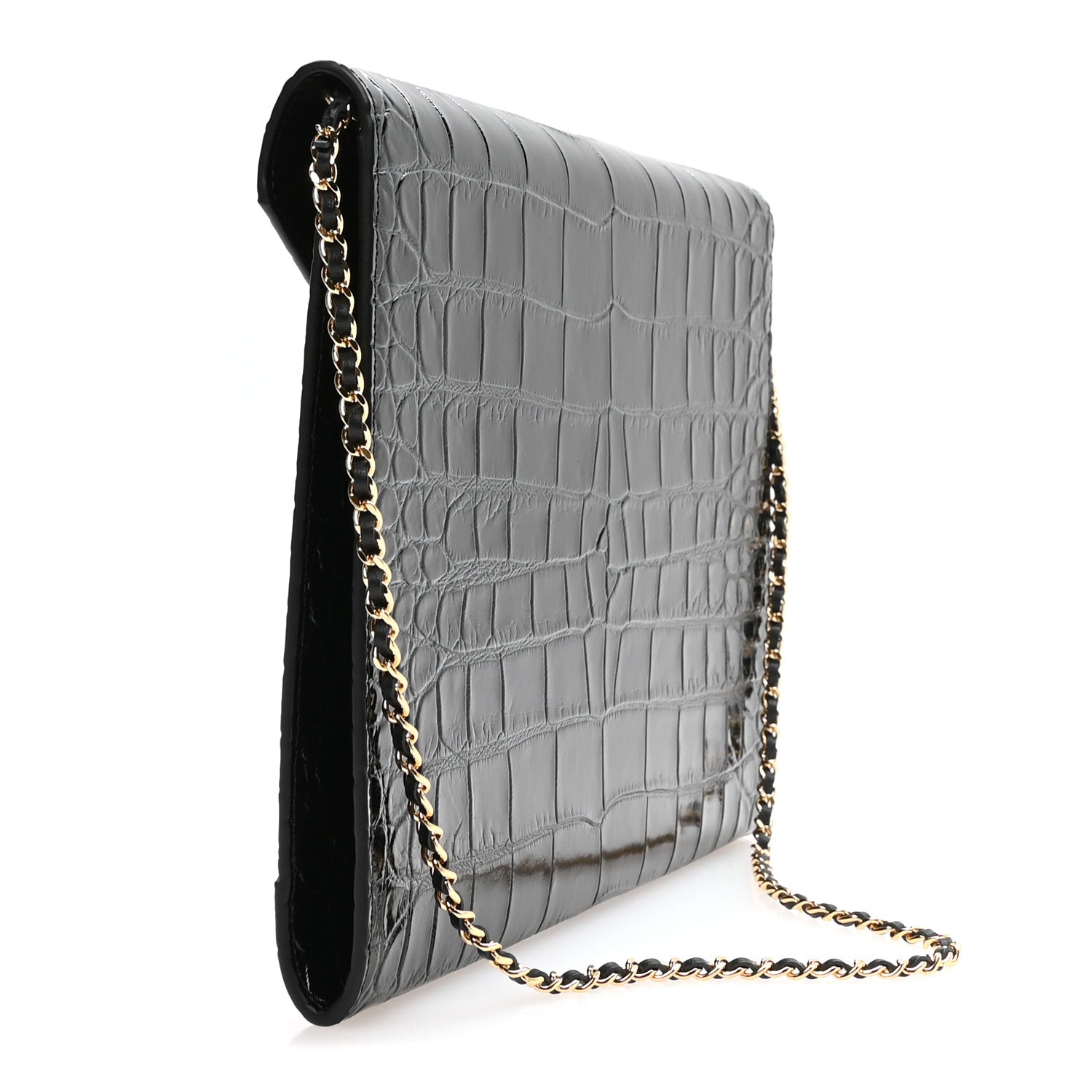 Calfskin Crocodile Embossed Croc Illusion Clutch With Chain Black