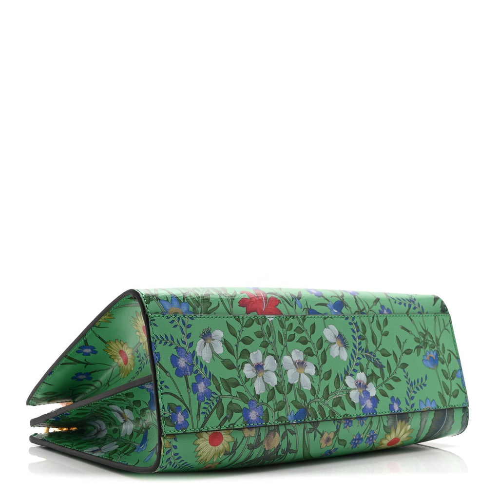 Calfskin Bamboo Web New Flora Small Nymphaea Top Handle Bag Green
