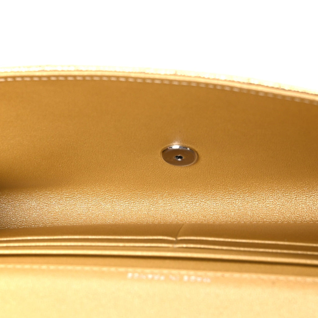 Metallic Caviar Quilted Top Handle Flap Clutch With Chain Gold