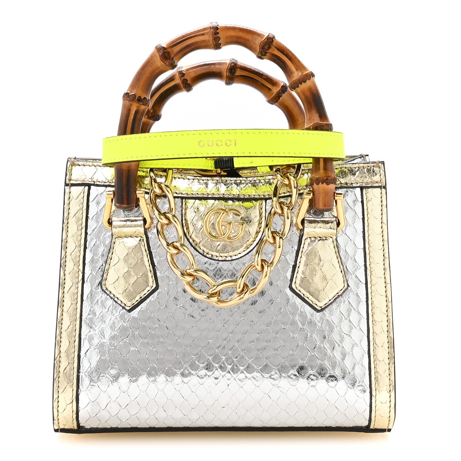 Metallic Snakeskin Mini Diana Tote Bag Silver Platino