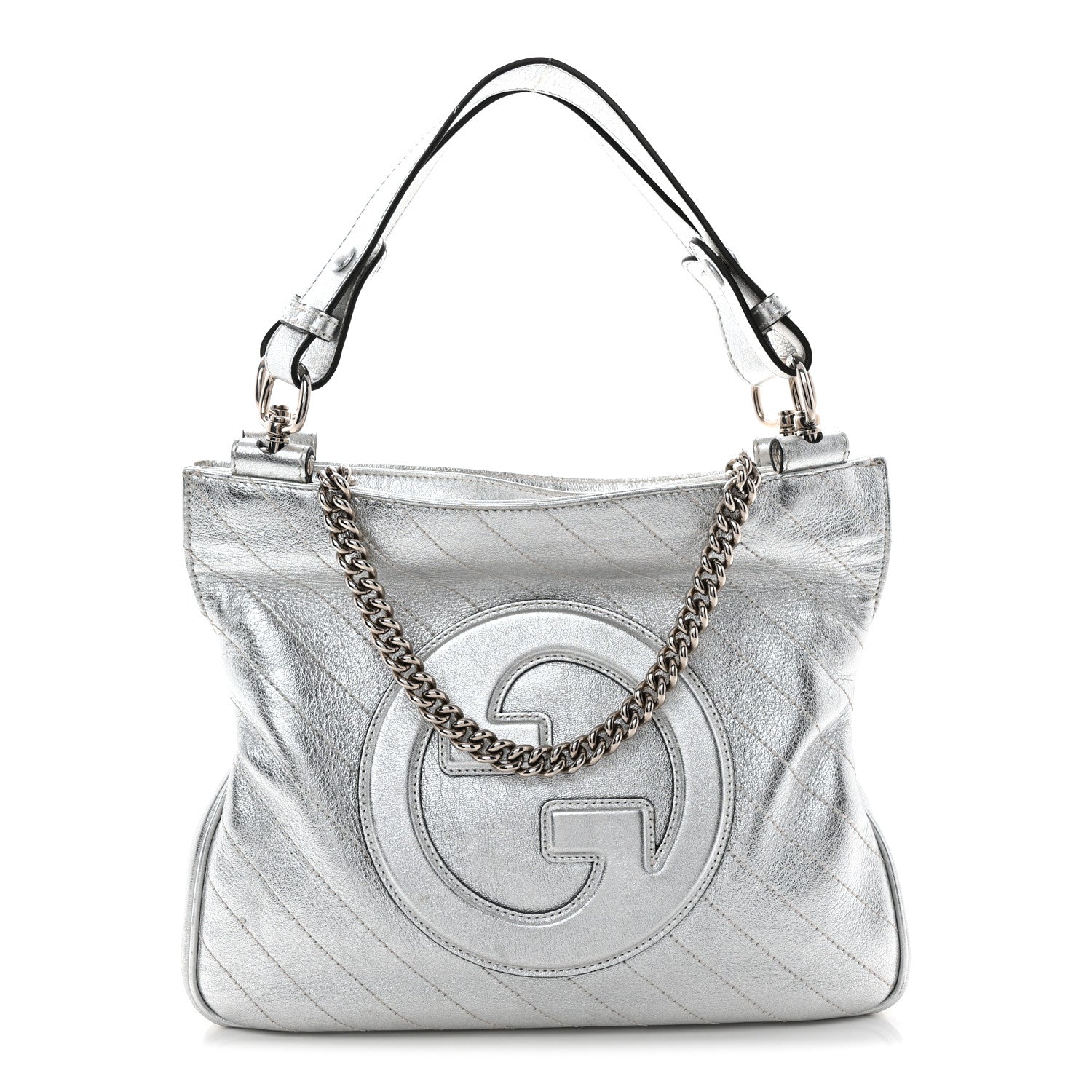 Sakai Be Green Calfskin Diagonal Stitched Small Blondie Tote Silver
