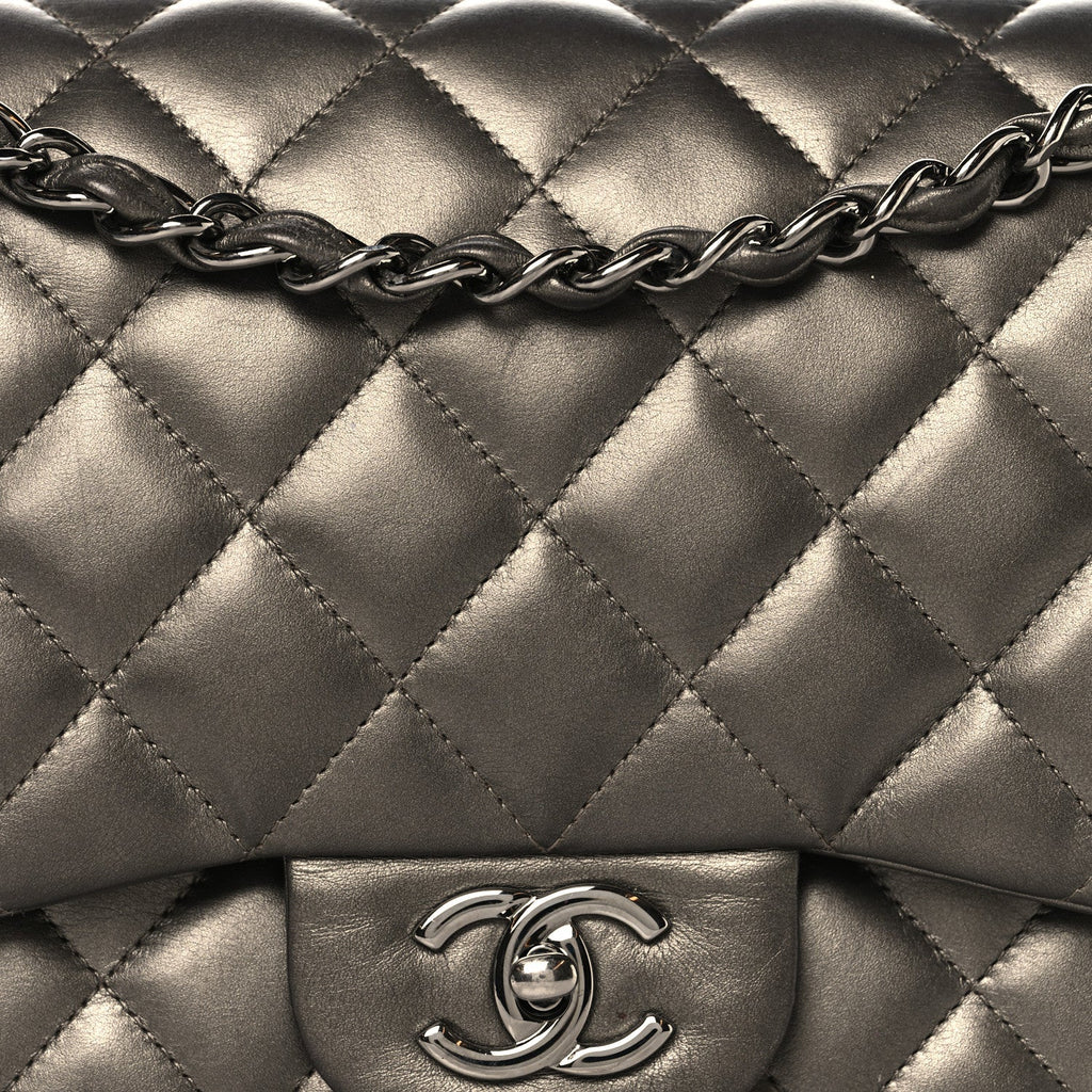 Metallic Lambskin Quilted Jumbo Double Flap Pewter