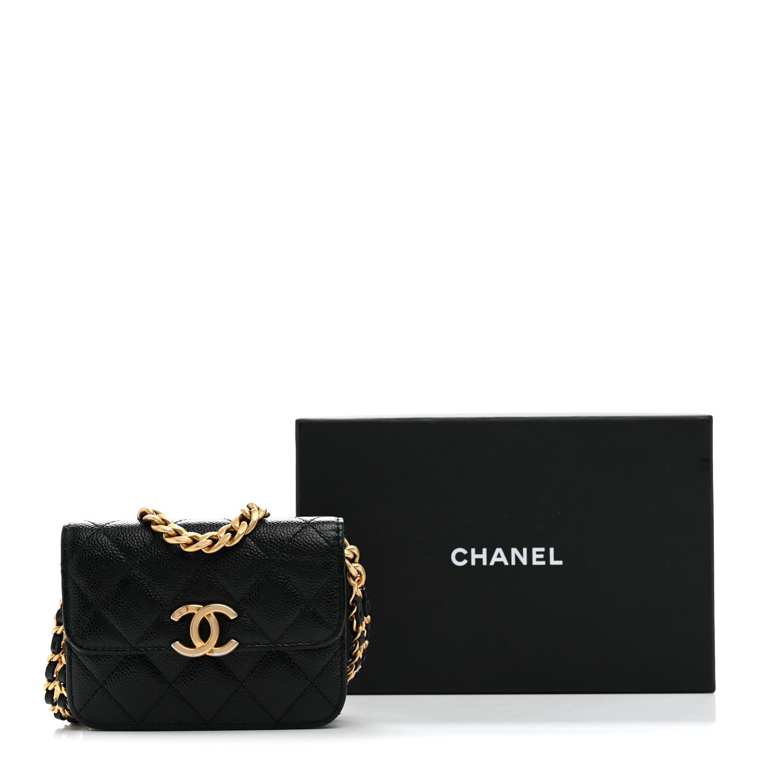 Shiny Caviar Quilted Chain Melody Card Holder On Chain Black