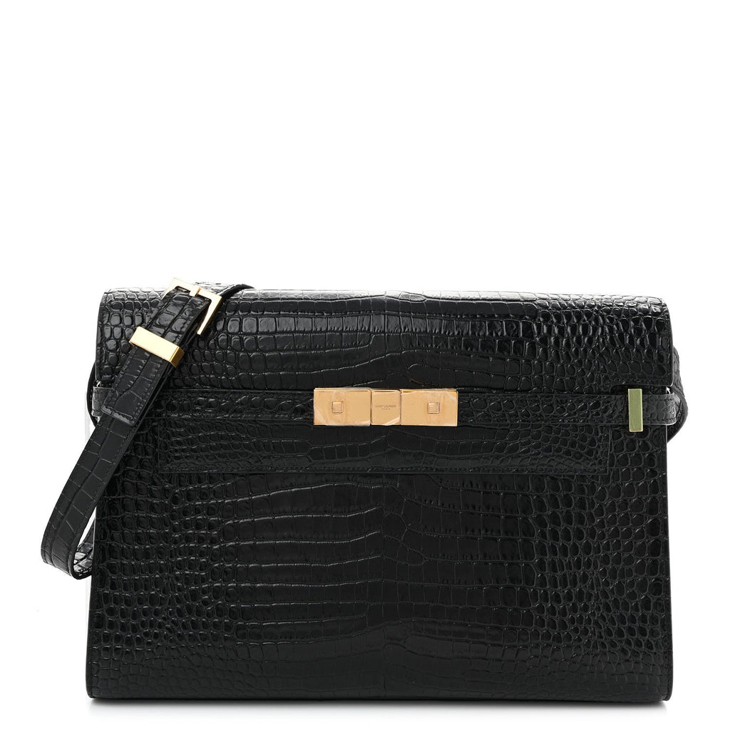Shiny Calfskin Crocodile Embossed Manhattan Baguette Black