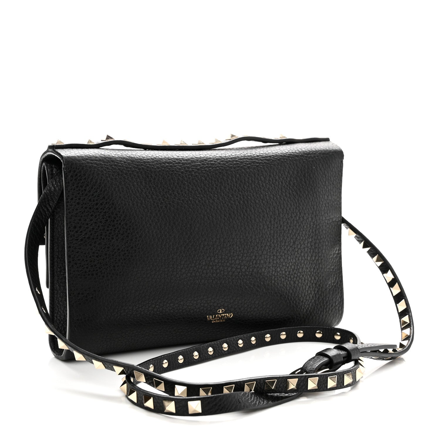 Pebbled Calfskin Rockstud Double Flap Crossbody Bag Black