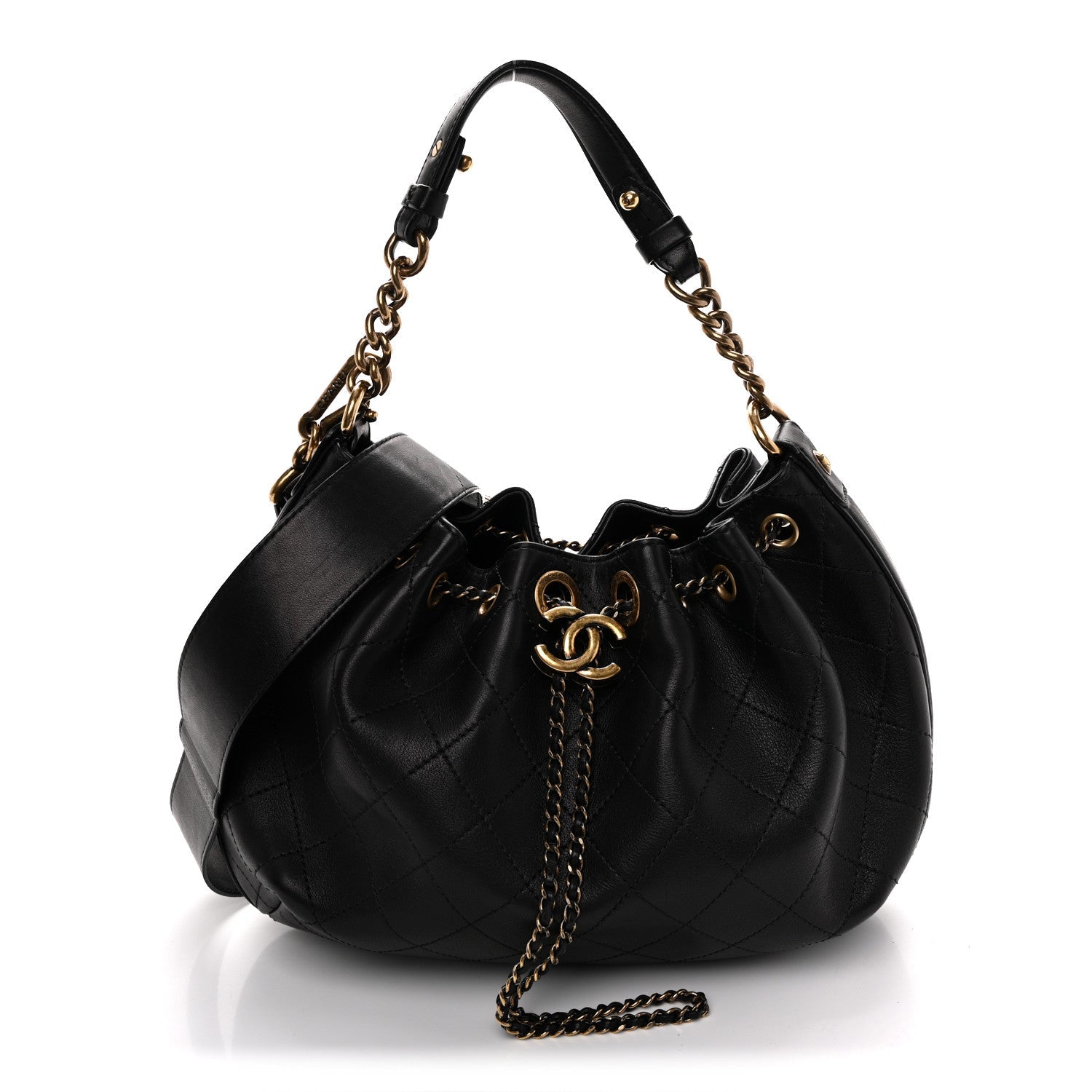 Calfskin Stitched Small Paris Rome Drawstring CC Bag Black