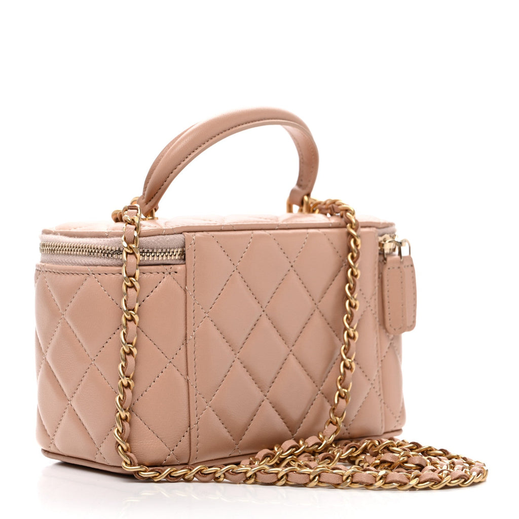 Lambskin Quilted Small Top Handle Vanity Case With Chain Beige