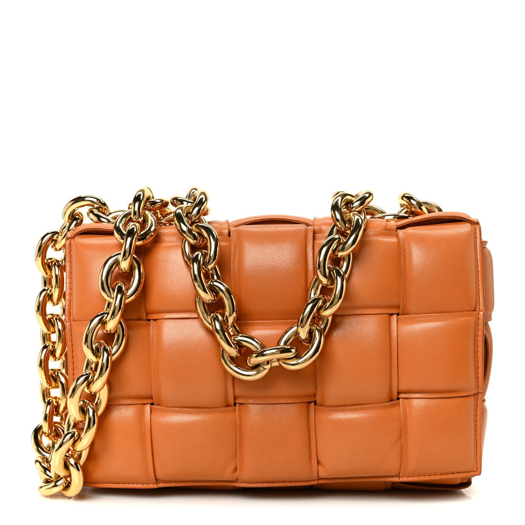 Lambskin Maxi Intreccio Padded Chain Cassette Crossbody Bag Caramel