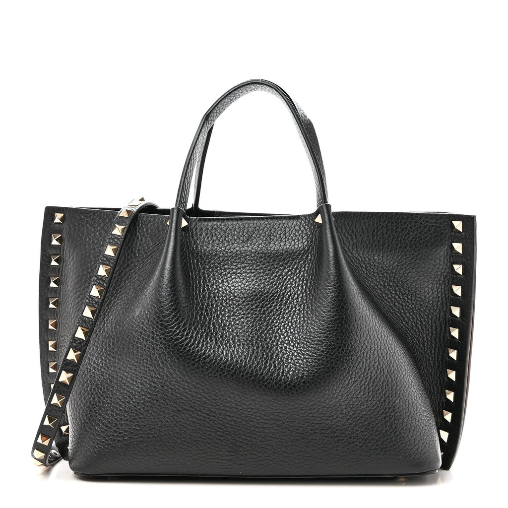 Pebbled Calfskin Small Rockstud Crossbody Tote Black