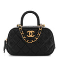 Lambskin Quilted Top Handle Mini Bowling Bag Black