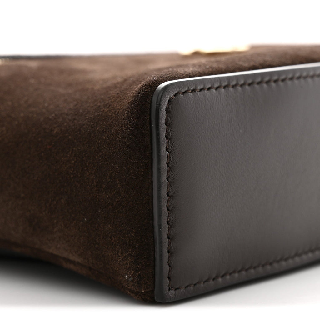 Suede Calfskin Top Handle Trapeze Small Vanity Case With Chain Dark Brown