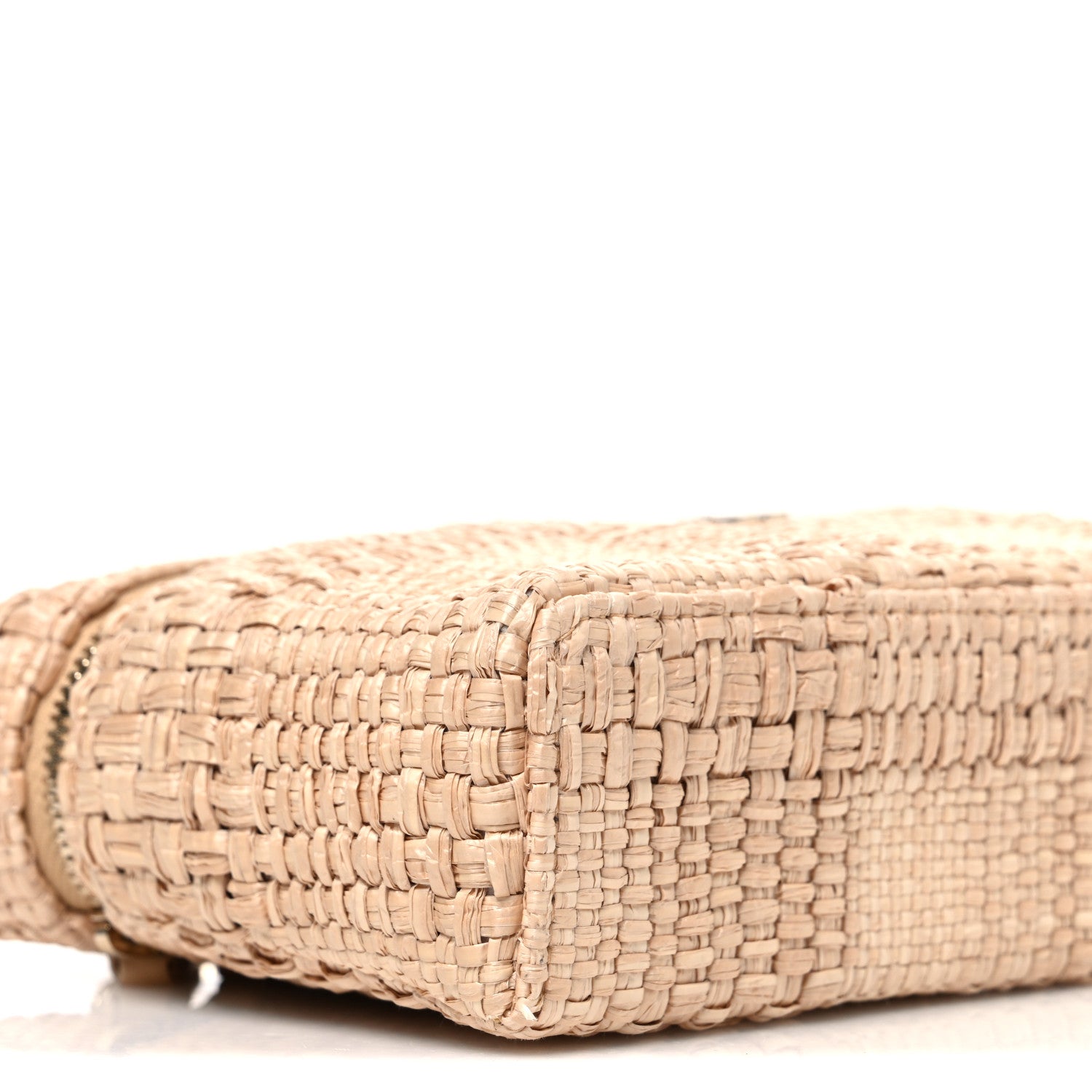 Braided Raffia Quilted Top Handle Slim Vanity Case With Chain Beige