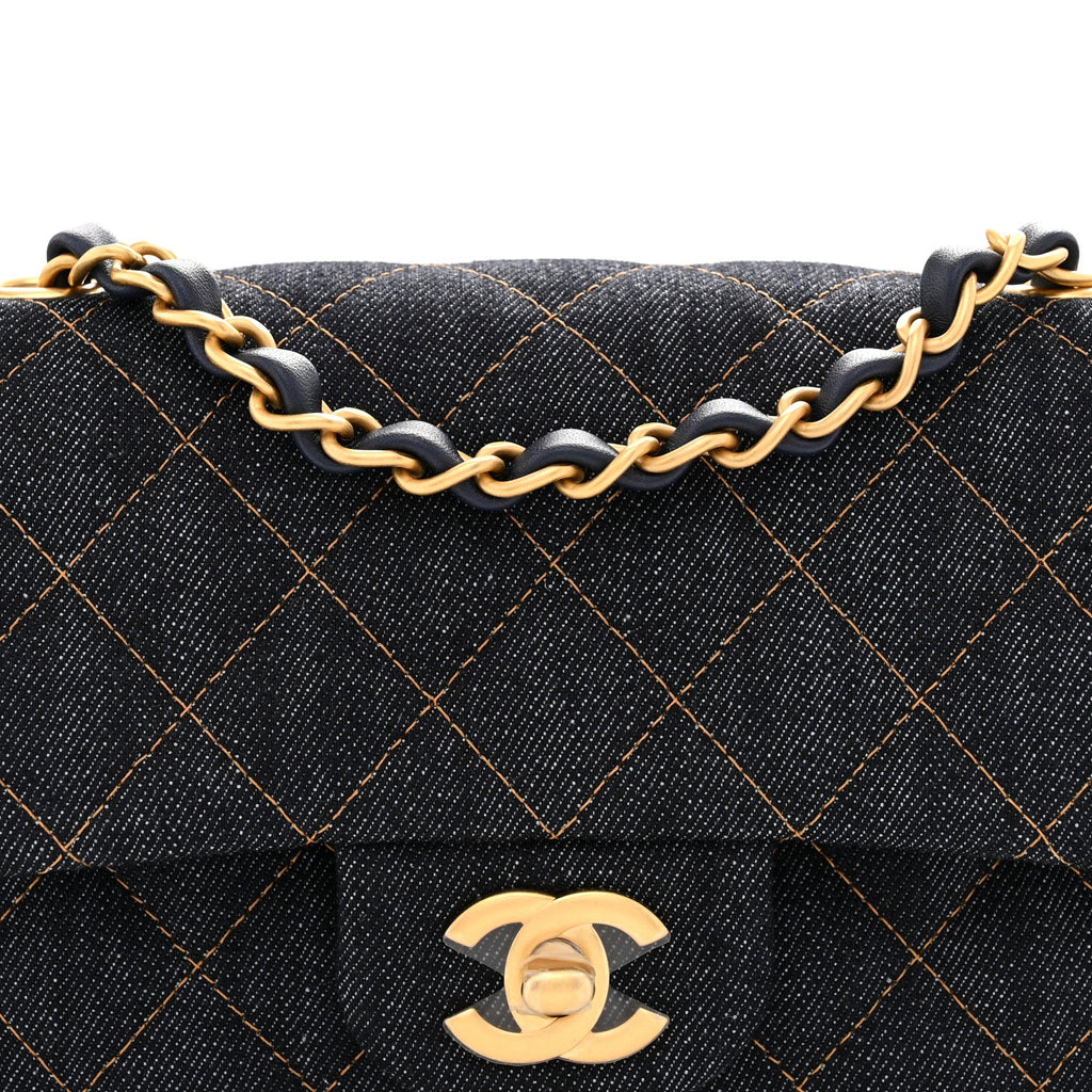 Denim Quilted Mini Rectangular Flap Dark Blue Orange