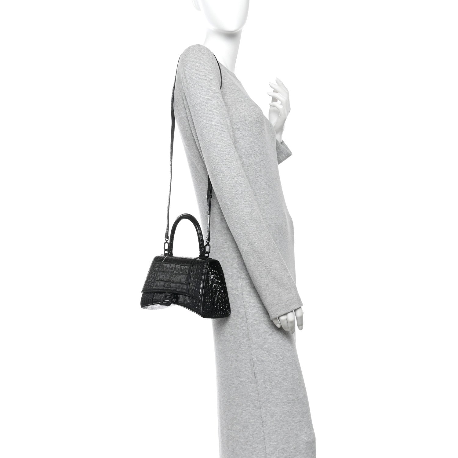 Shiny Calfskin Monochrome Crocodile Embossed Small Hourglass Top Handle Bag Black