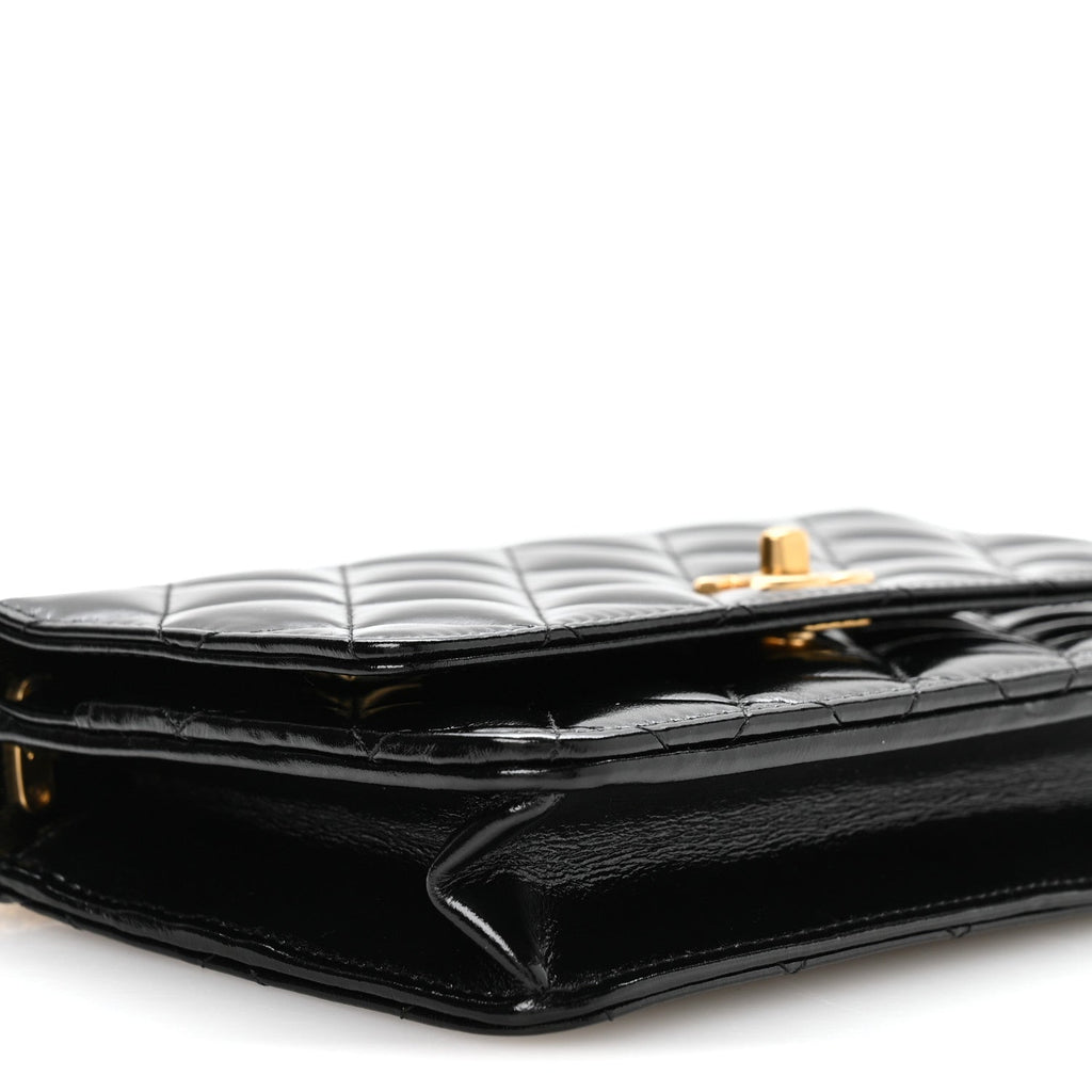 Shiny Crumpled Calfskin Quilted Precious Tie Wallet On Chain WOC Black