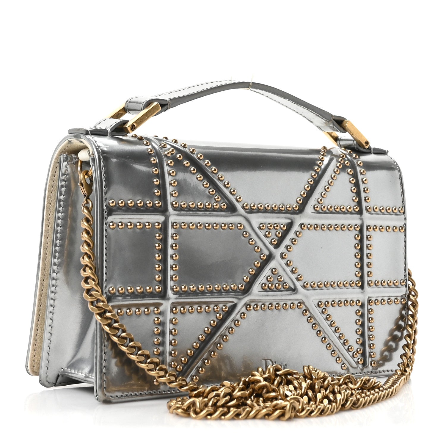 Metallic Patent Studded Diorama Top Handle Wallet on Chain Pouch Silver