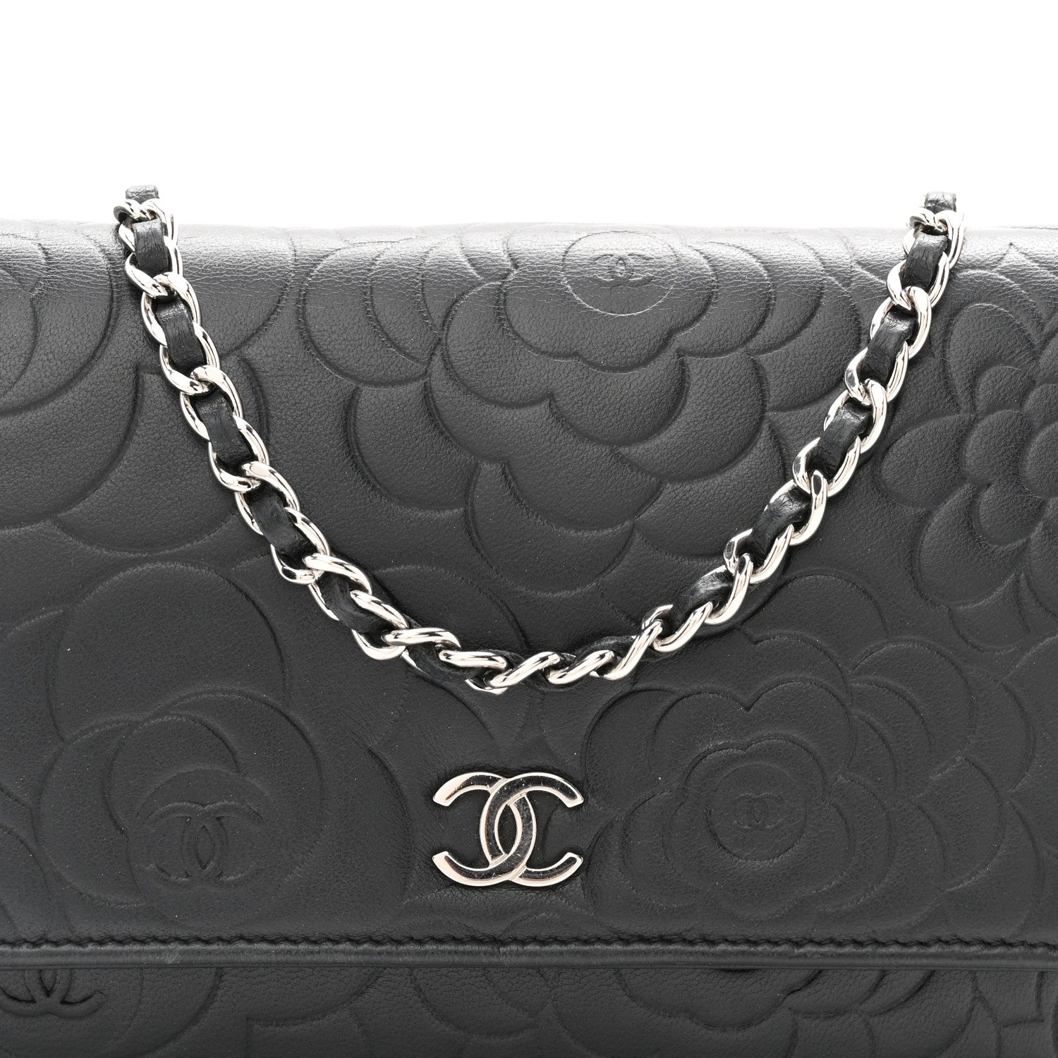 Lambskin Camellia Embossed Wallet On Chain WOC Black