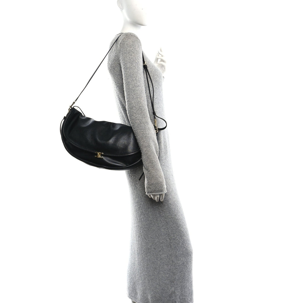 Shiny Lambskin Soft Triomphe Half Moon Bag Black