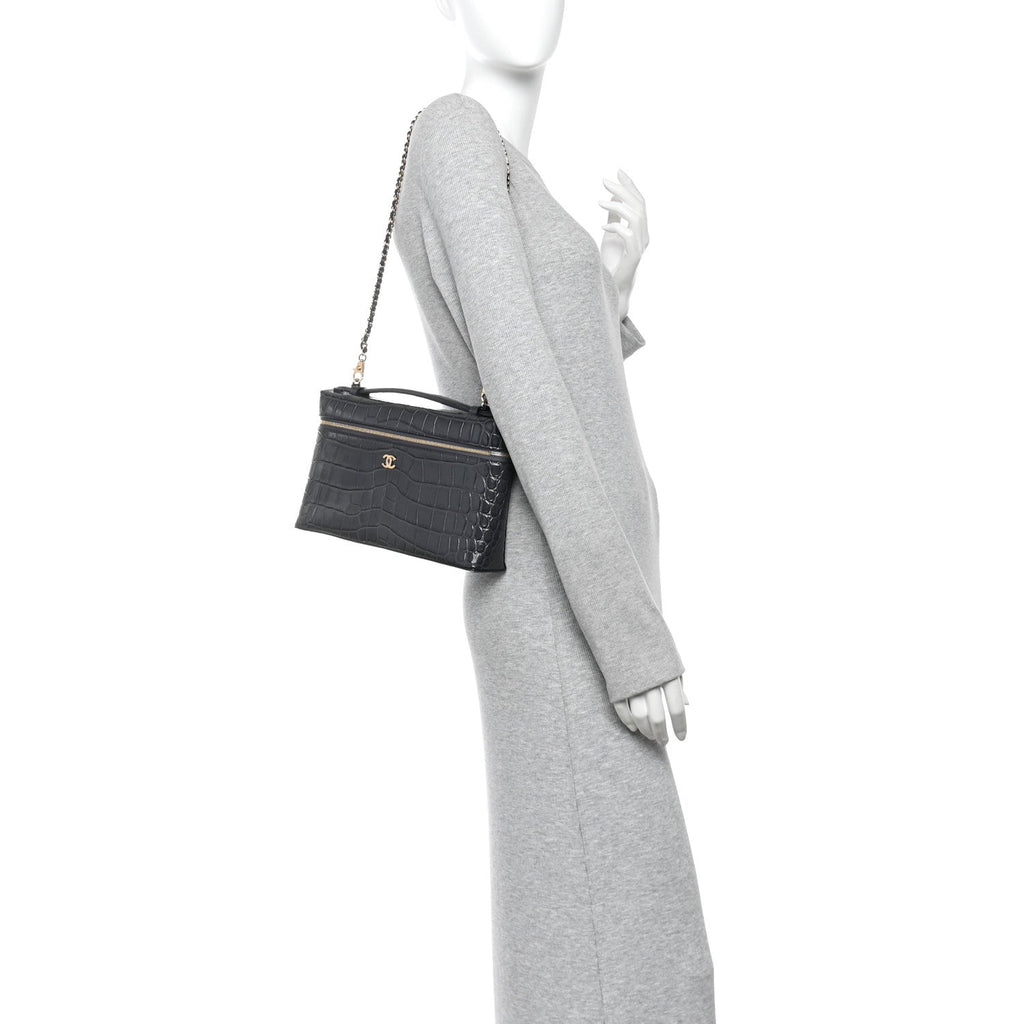 Calfskin Crocodile Embossed Exoticoco Large Supple Trapeze Vanity With Chain Grey