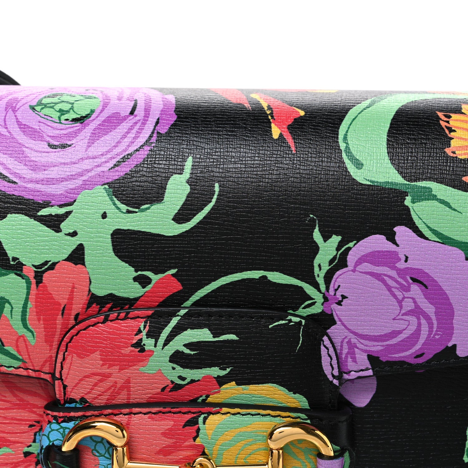 X KEN SCOTT New Shangai Calfskin Jenny Floral Print Horsebit 1955 Shoulder Bag Black Pink