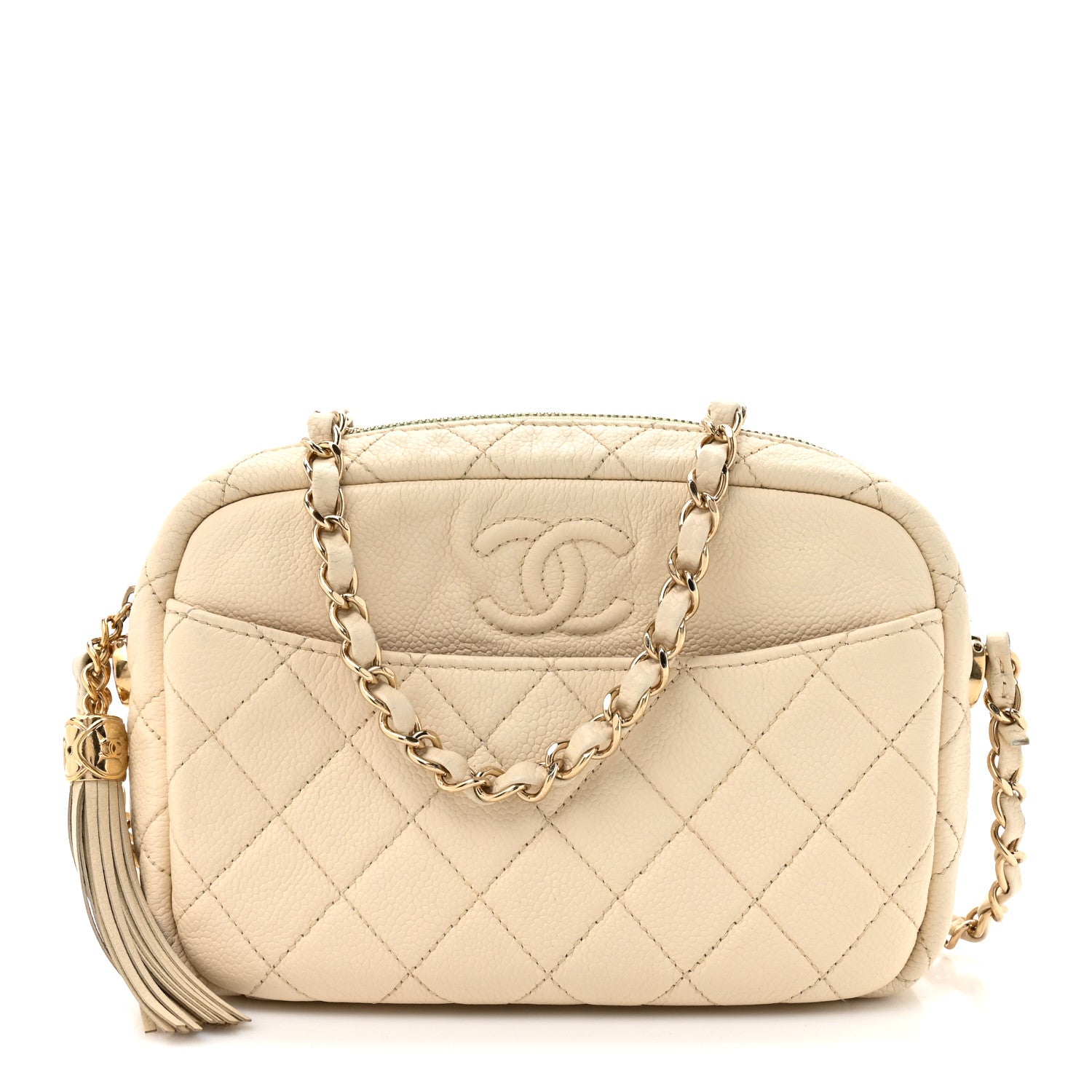 Caviar Flat Quilted Small Coco Tassel Camera Case White