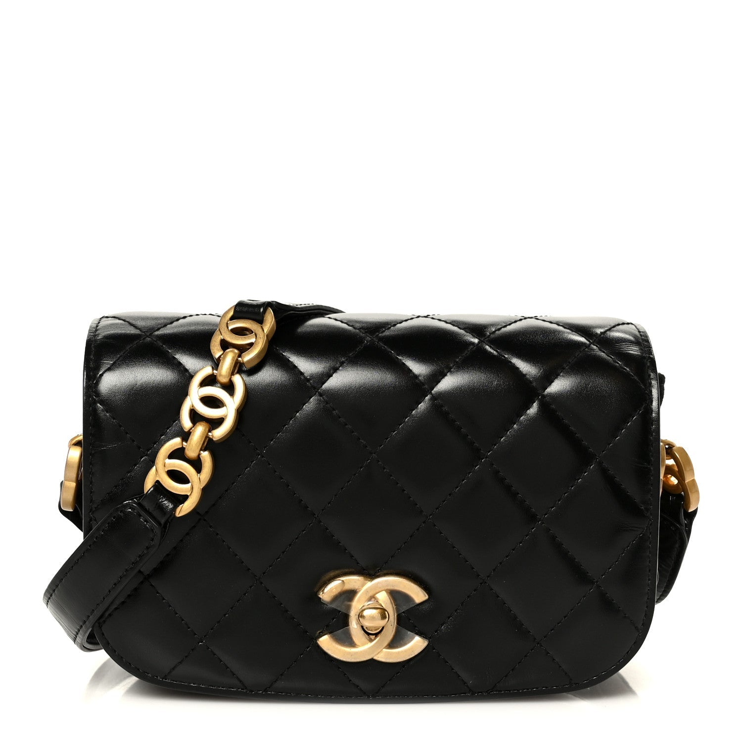 Shiny Calfskin Quilted Suede Goatskin Mini Messenger Black