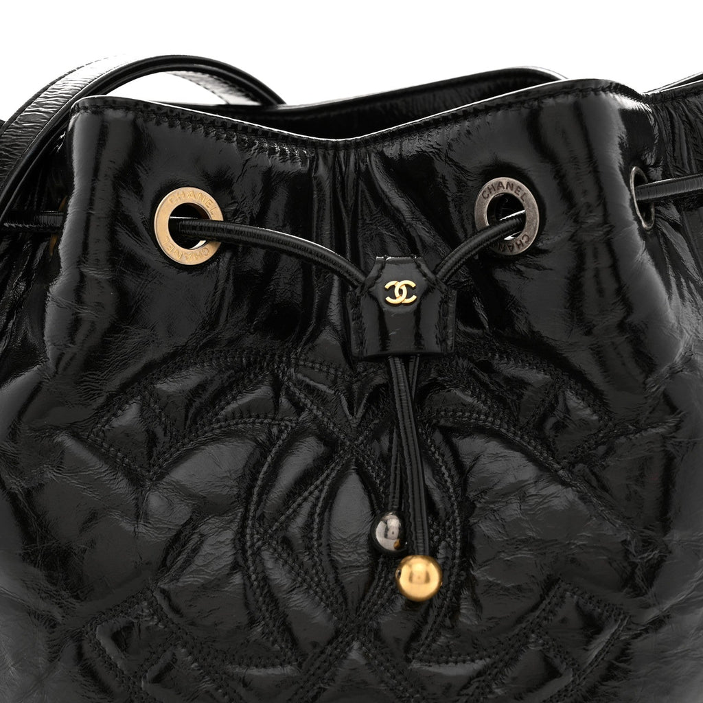 Shiny Aged Calfskin CC Chain Drawstring Bag Black