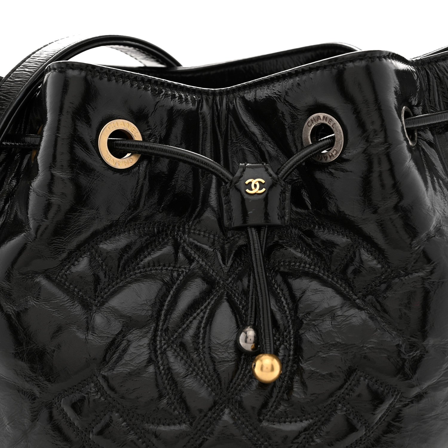 Shiny Aged Calfskin CC Chain Drawstring Bag Black