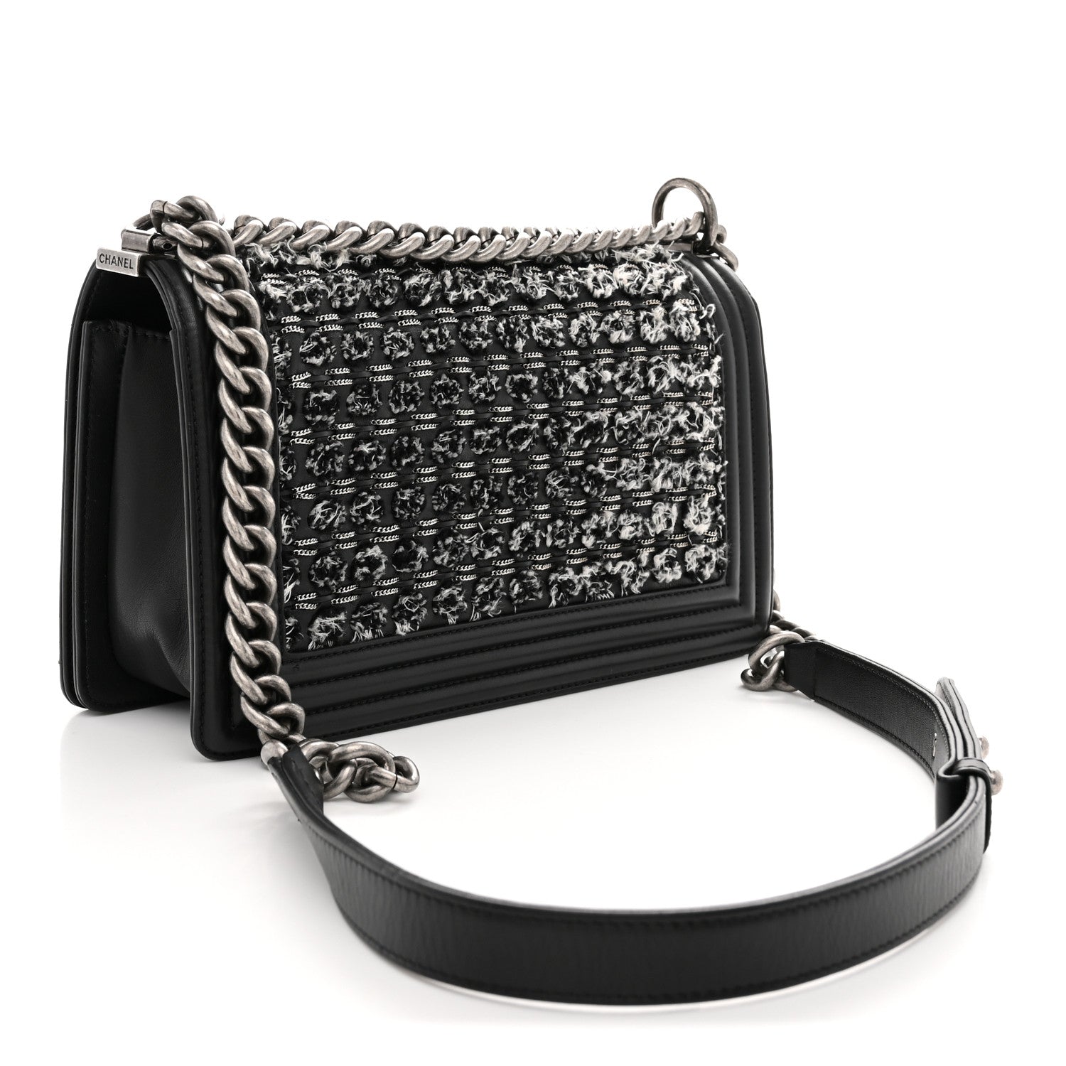 Tweed Calfskin Medium Boy Flap Black White