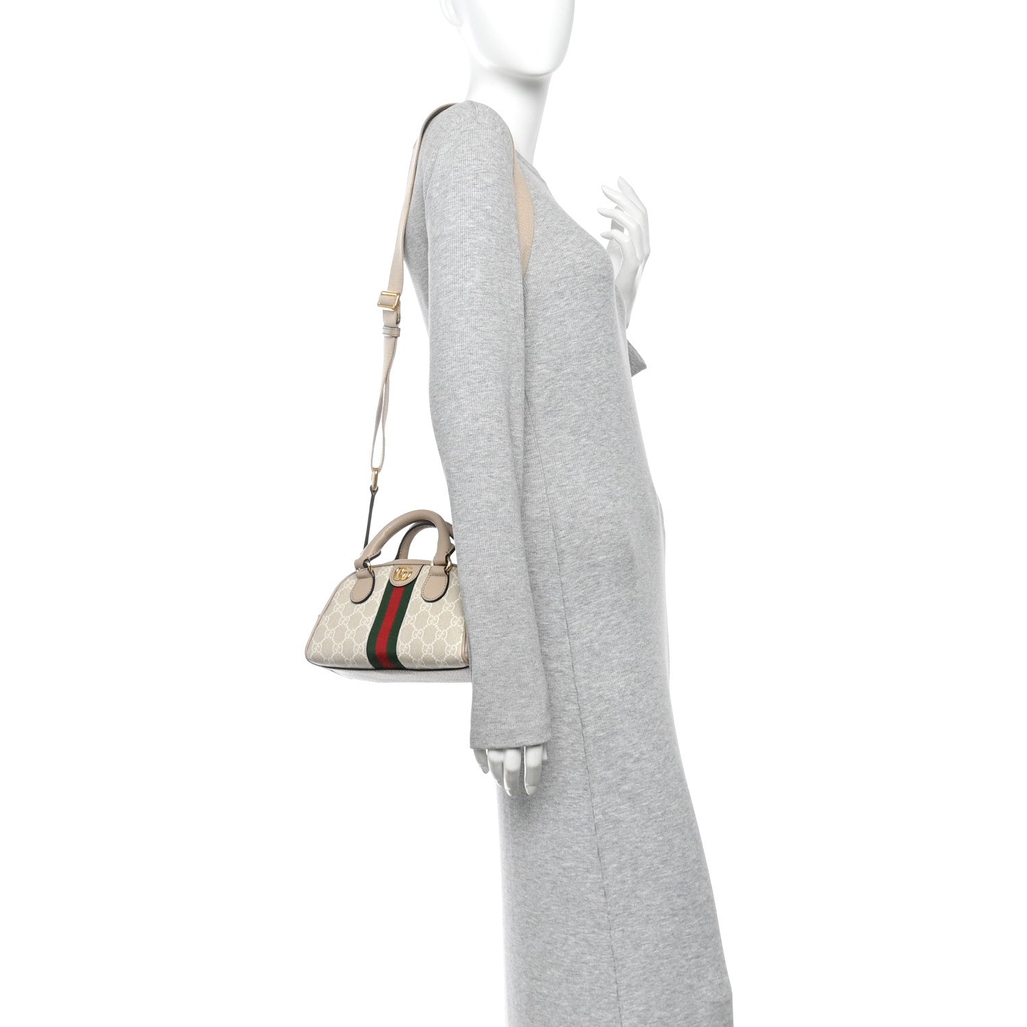 GG Supreme Monogram Textured Dollar Calfskin Web Mini Ophidia Top Handle Bowler Bag Beige Mystic White Oatmeal