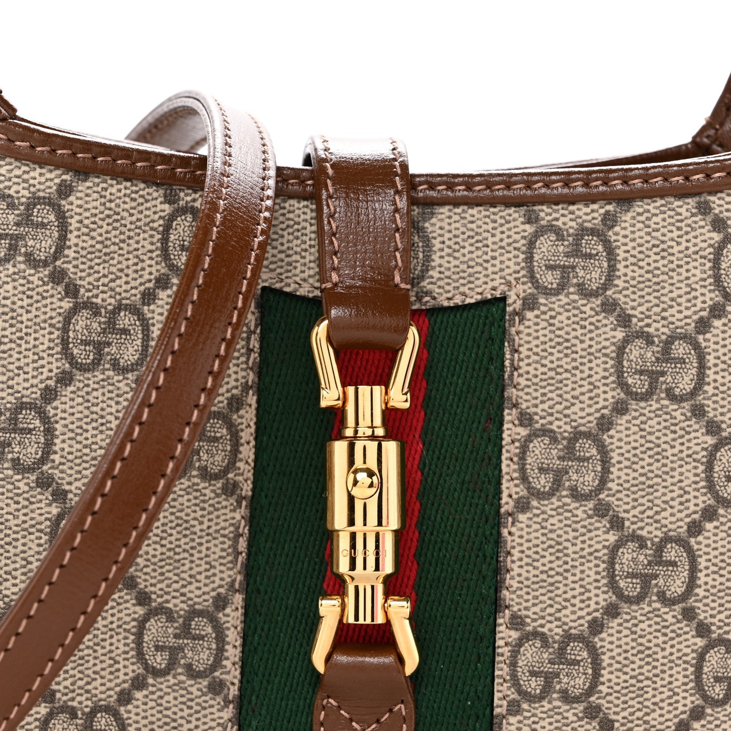 GG Supreme Monogram Azalea Calfskin Web Mini Jackie 1961 Hobo Beige Ebony Brown Sugar