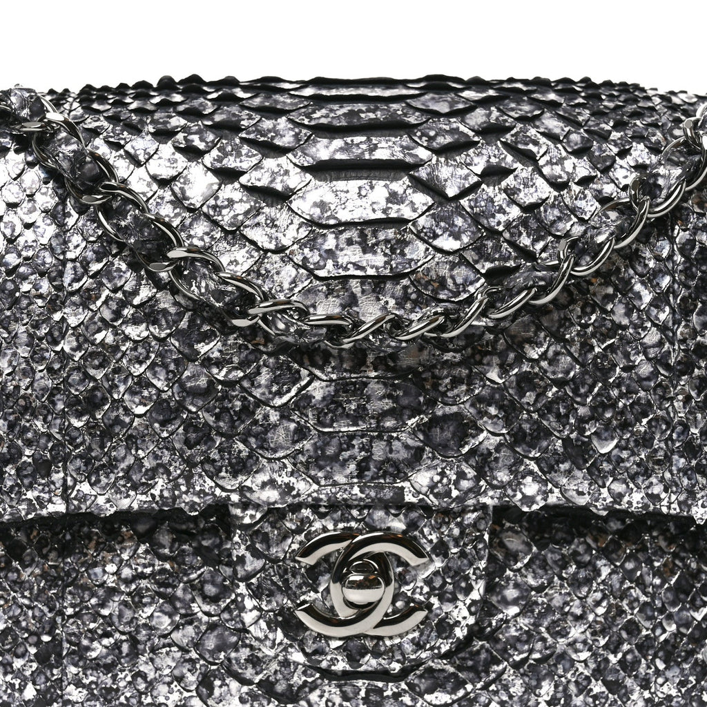 Metallic Snakeskin Medium Double Flap Black Silver