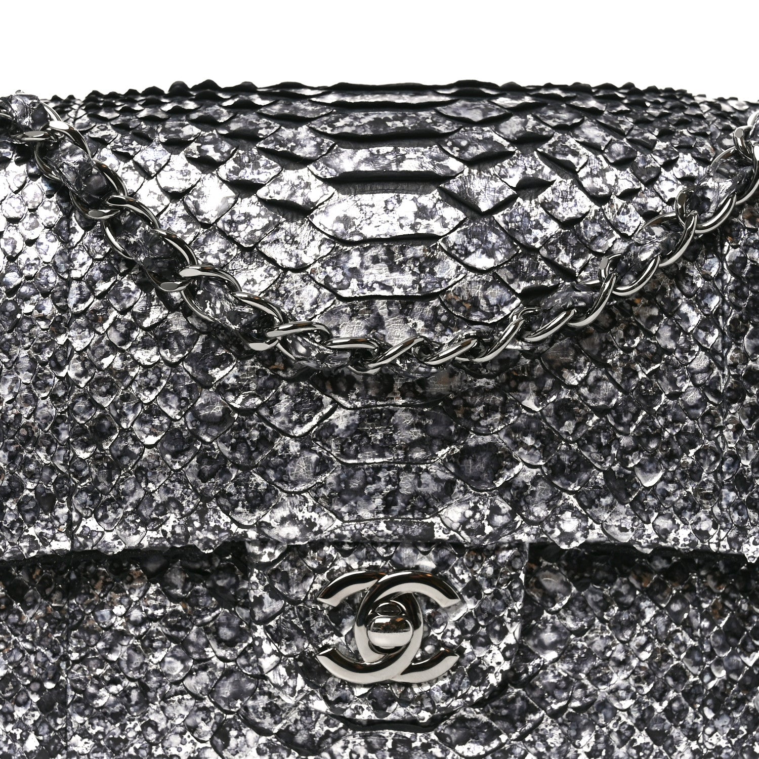 Metallic Snakeskin Medium Double Flap Black Silver