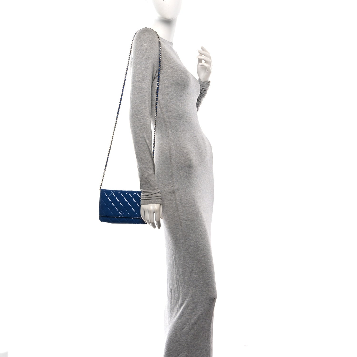 Patent Calfskin Quilted Wallet On Chain WOC Dark Blue