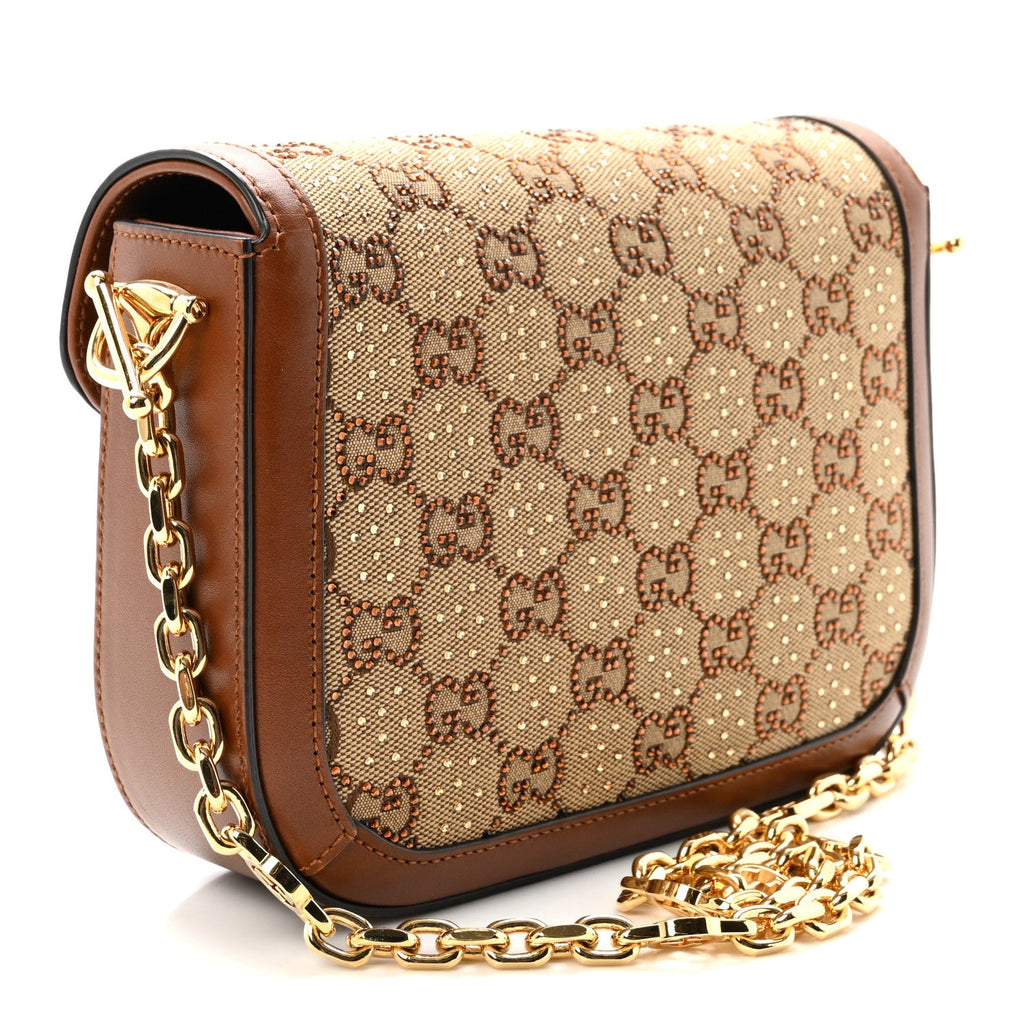 New Canvas Charisma Calfskin Crystal GG Monogram Mini Horsebit 1955 Shoulder Bag Camel Ebony