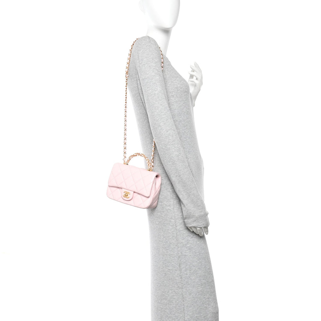 Shiny Lambskin Quilted Mini Twisted Links Top Handle Flap Light Pink