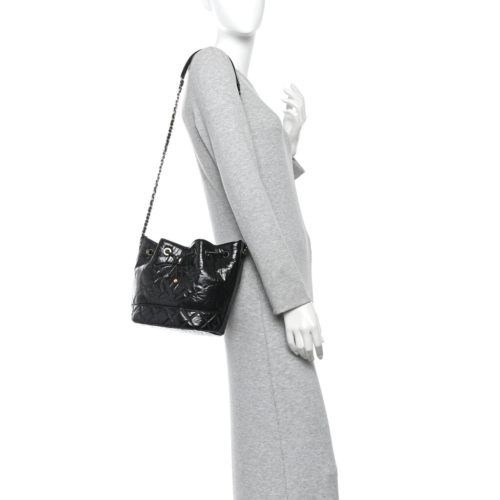 Shiny Aged Calfskin CC Chain Drawstring Bag Black