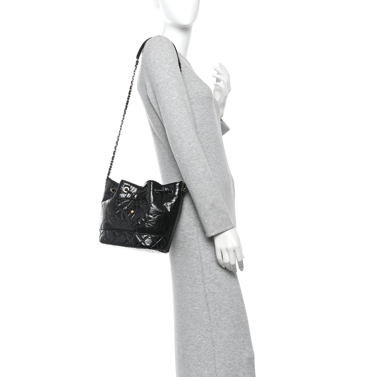 Shiny Aged Calfskin CC Chain Drawstring Bag Black