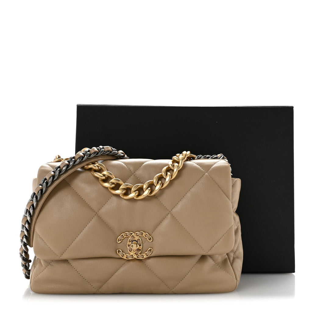 Lambskin Quilted Large Chanel 19 Flap Dark Beige