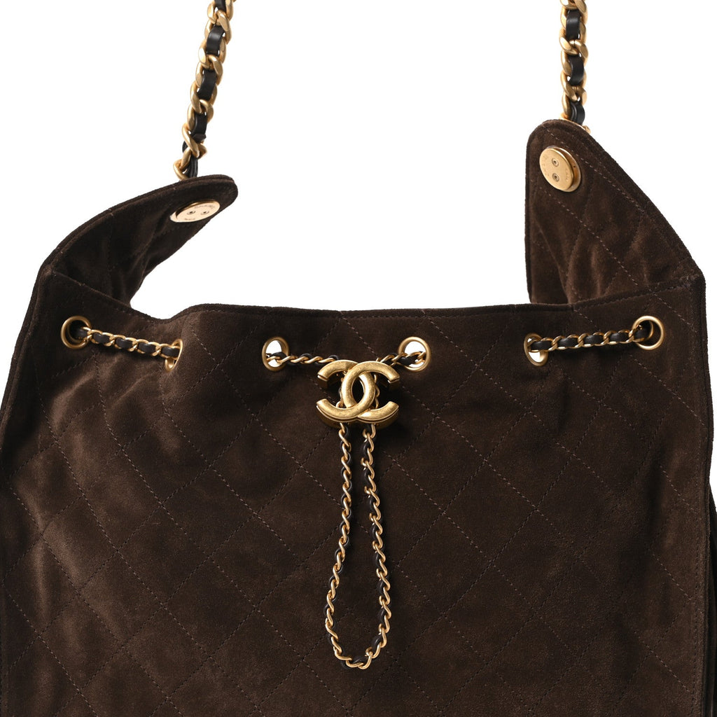 Suede Quilted Medium Chanel 25 Handbag Dark Brown