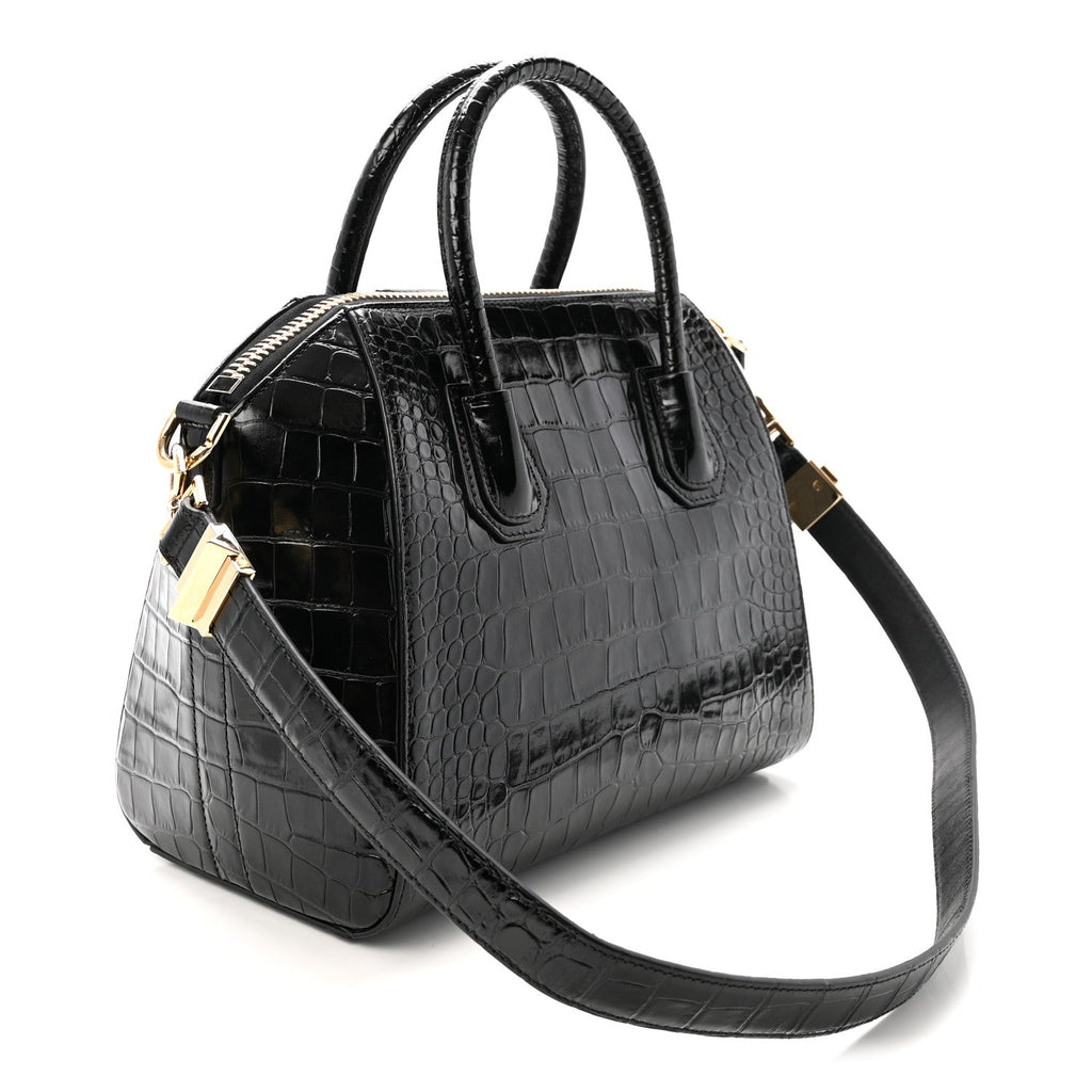 Calfskin Crocodile Embossed Small Antigona Black