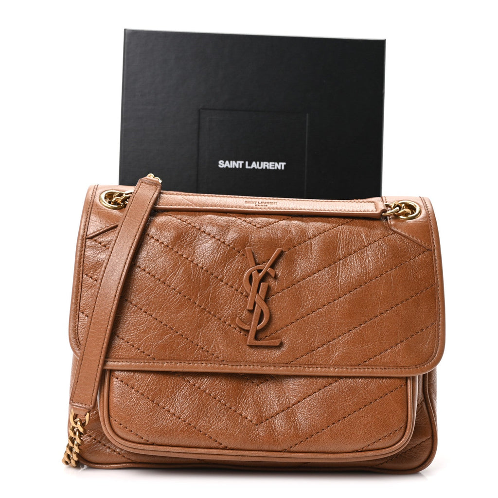 Crinkled Calfskin Matelasse Monogram Medium Niki Chain Satchel Caramel