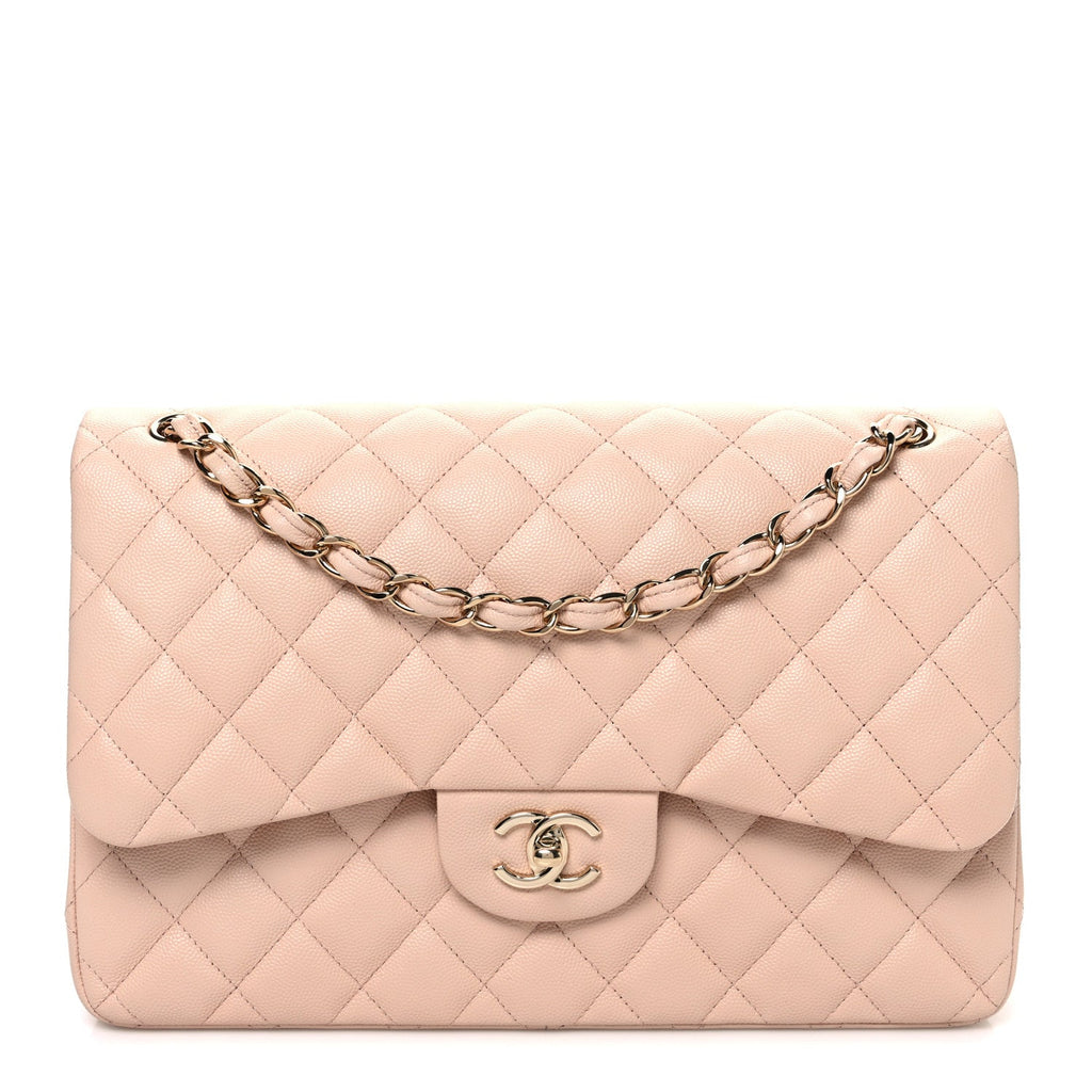 Caviar Quilted Jumbo Double Flap Light Beige