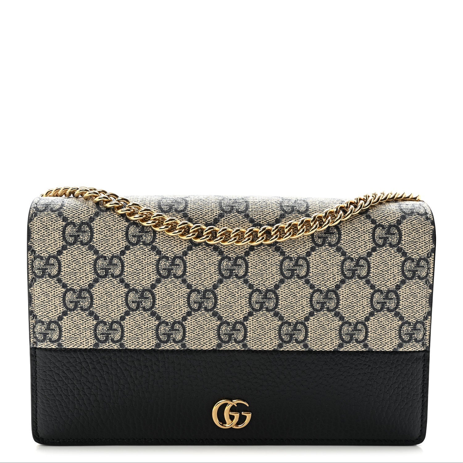 GG Supreme Monogram Textured Dollar Calfskin Mini GG Marmont Chain Wallet Beige Blue