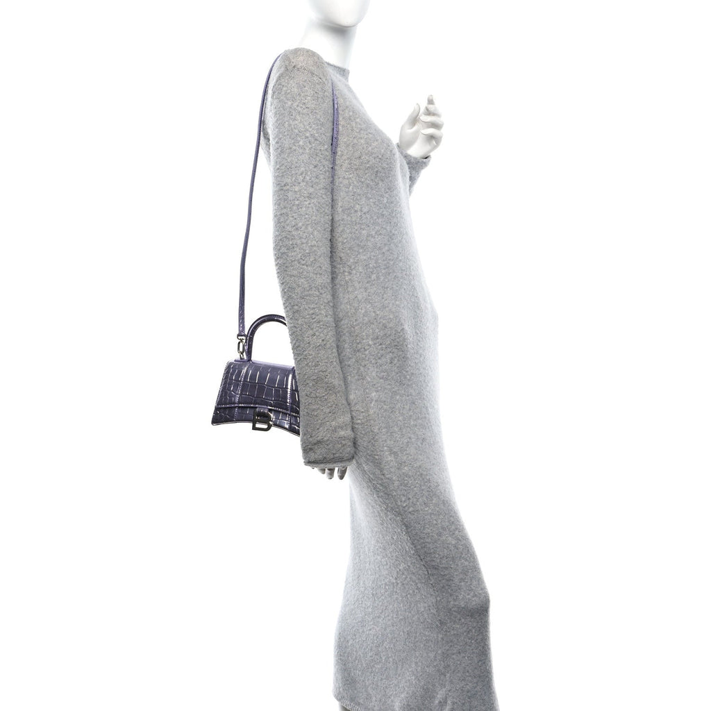 Metallic Calfskin Crocodile Embossed Hourglass Top Handle Bag XS Lilac